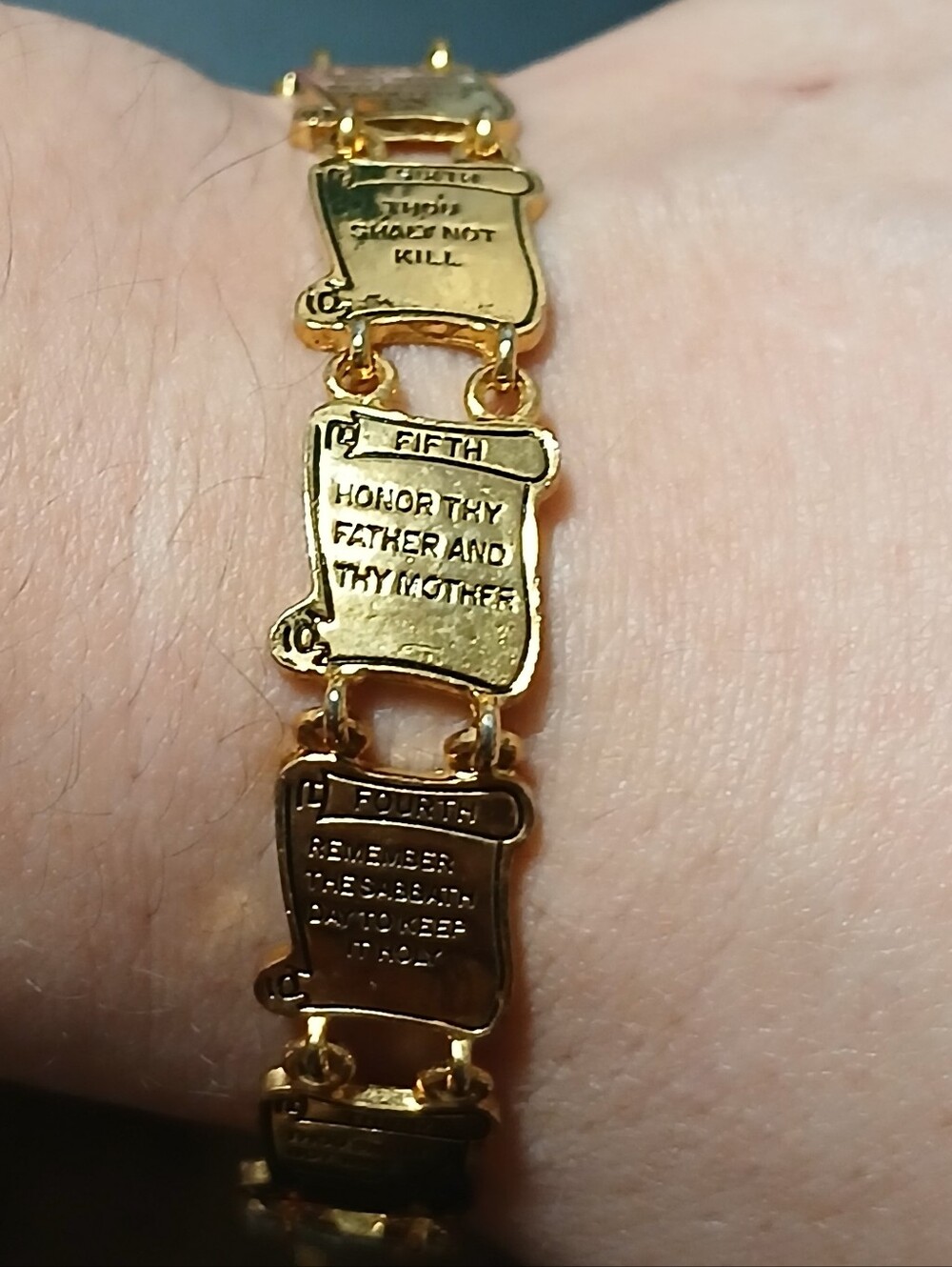 Vintage Ten Commandments Scroll Link Gold Tone Bracelet